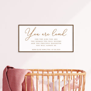 “You Are Loved” Personalized Daughter Quote Sign – Engraved Nursery or Girls Room Wall Art with Name & Date